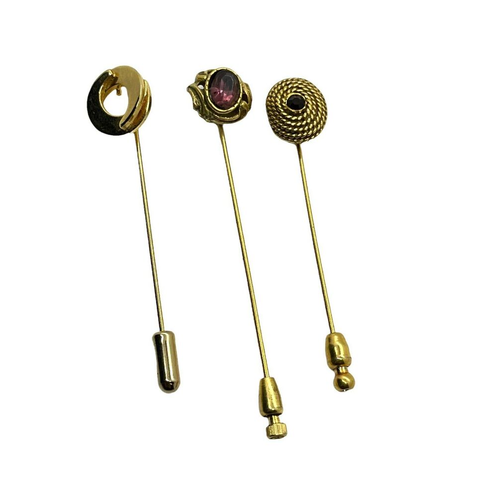 Lapel Stick Pin Set Of 3 Women's Gold Tone Purple Red Faux Gem Classic